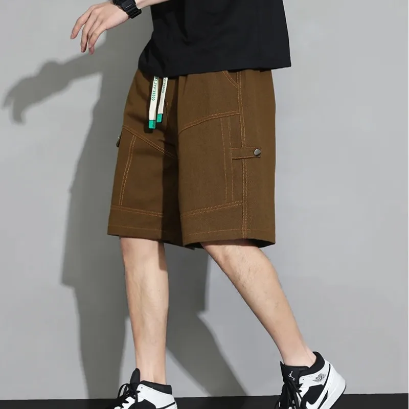 Men's Summer High Waist Pockets Drawstring Bandage Button Panel Elastic Casual Loose Sports Trousers Fashion Preppy Style Shorts