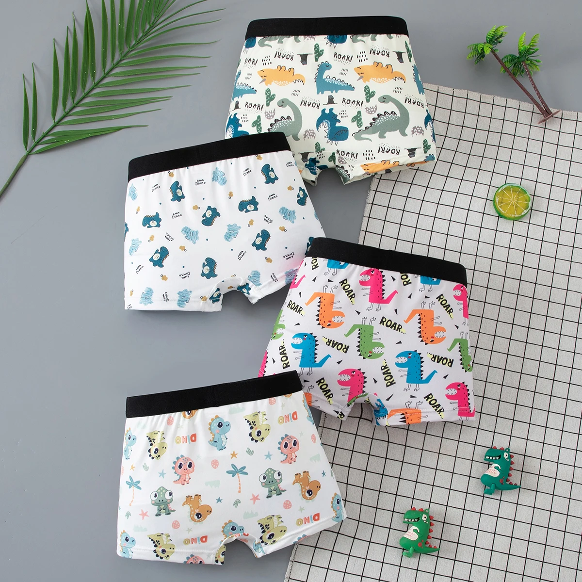 8-teiliges Set bequemer Kinderunterwäsche für alle Jahreszeiten, Jungen-Dinosaurier-Print, niedliche vierkantige Hosen, lässige kurze Unterhosen für zu Hause. – Detail 2