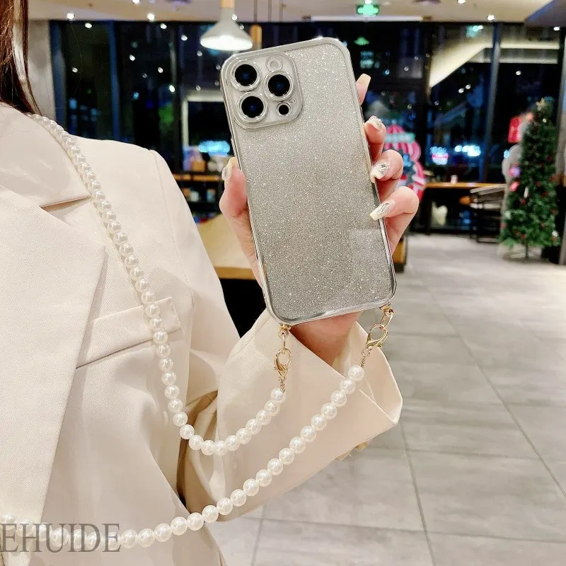 Pearl Case For Samsung Galaxy S24 FE S25 Ultra S20 S21 S22 S23 Plus A36 Crossbody Cord Lanyard Strap Clear Plating Glitter Cover