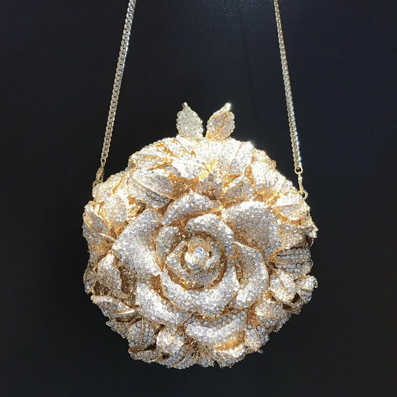 Gold Metal AB Crystal Evening Bag  Women Flower Wedding Purse Lady Diamond Bridal Clutches Party Prom Handbags Minaudiere