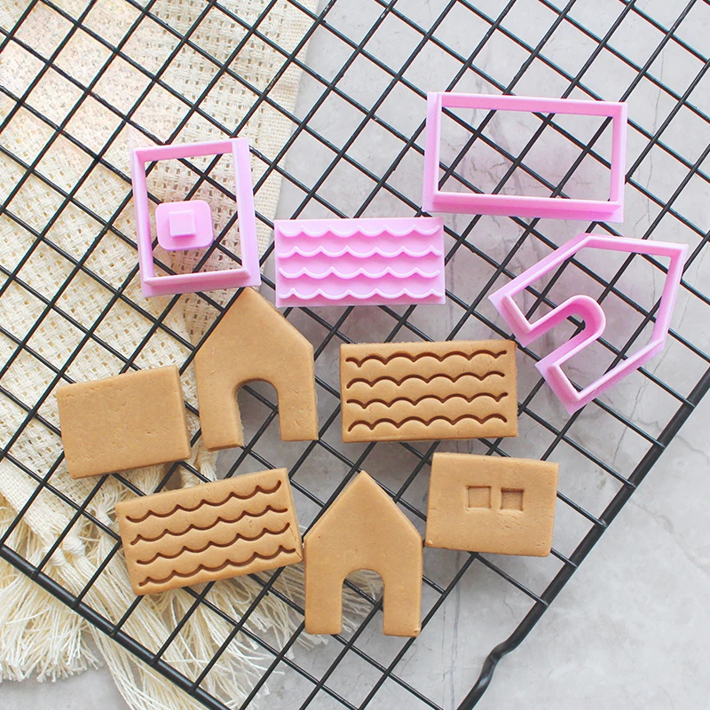 1Set Gingerbread House Cookie Cutter Mold Cartoon Mini Christmas House DIY Assembly Biscuit Fondant Embosser Stamps Baking Tools