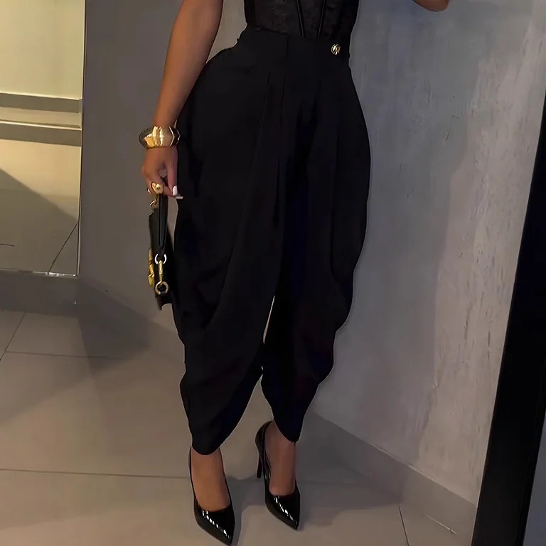 سراويل فضفاضة غير رسمية النساء شيك عالية الخصر مطوي واسعة الساق السراويل الإناث 2025 موضة الخريف سيدة السراويل قيعان ملابس حريمي