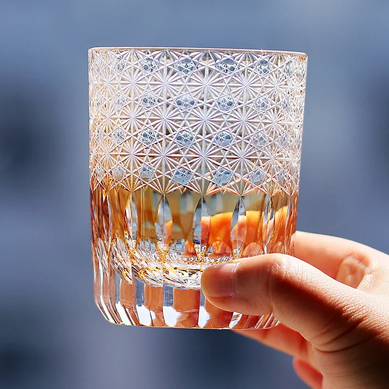 240ml Classic Handmade Edo Kiriko Whiskey Glass Tumbler with Rose Design Japanese Style Red Blue Cocktail Cup with Gift Box