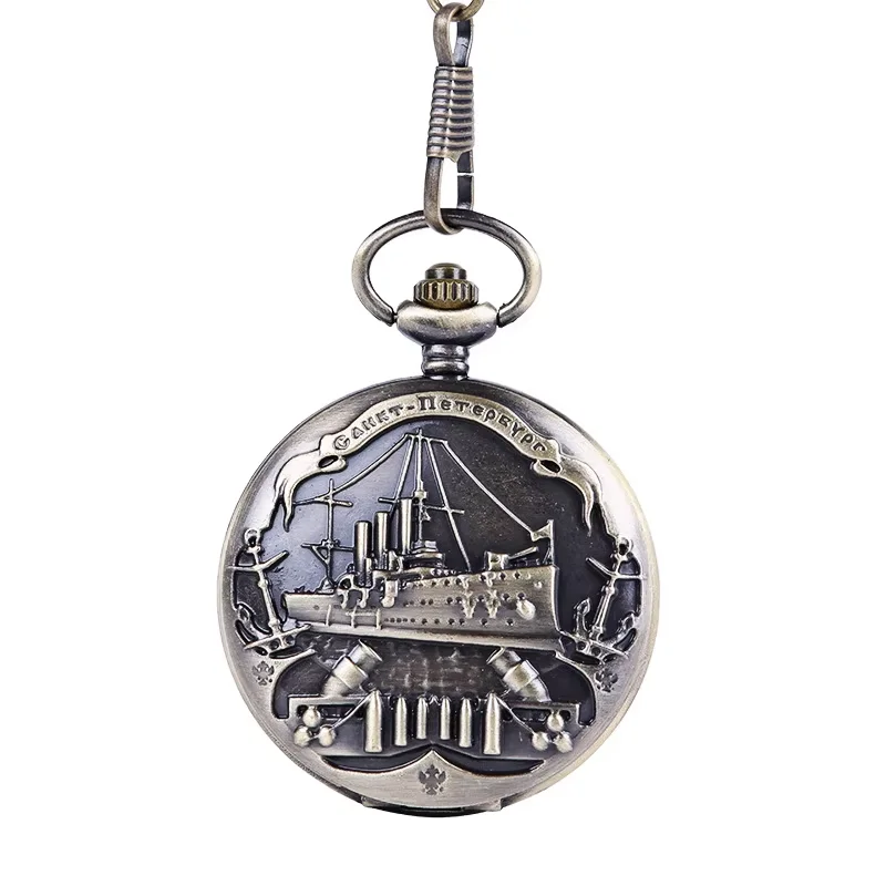 9063Large bronze embossed cruise ship pocket watch European and American style pirate ship retro thick chain pocket watch
