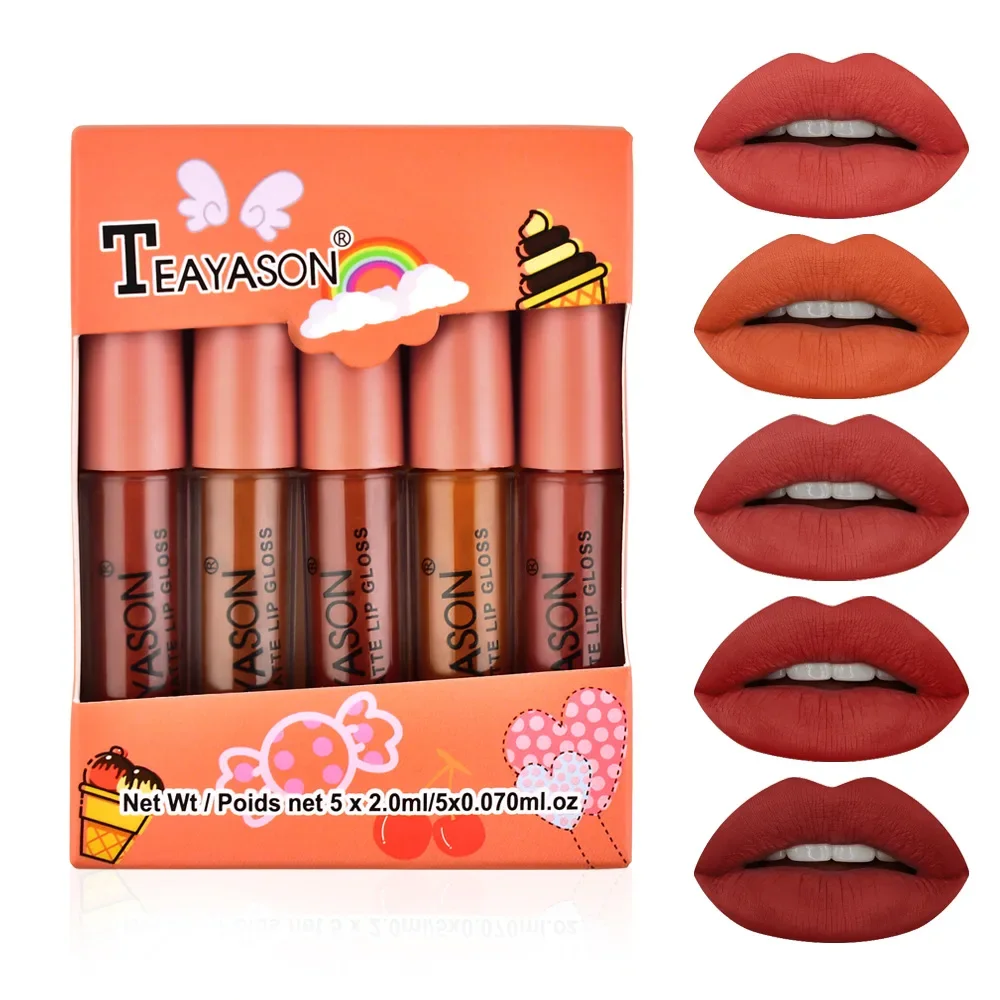 TEAYASON 5Pcs/Set Kit Cosmetic Waterproof Lipstick Sexy Vampire Lip Stick Nude Matte Velvet Lipsticks Lips Makeup Labiales Box