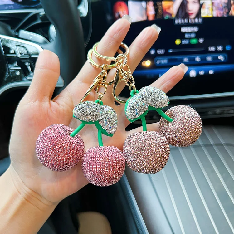 New Creative Full Diamond Cherry Car Keychain Exquisite Clay Diamond Fruit Key Chain Bag Pendant Bag Accessories