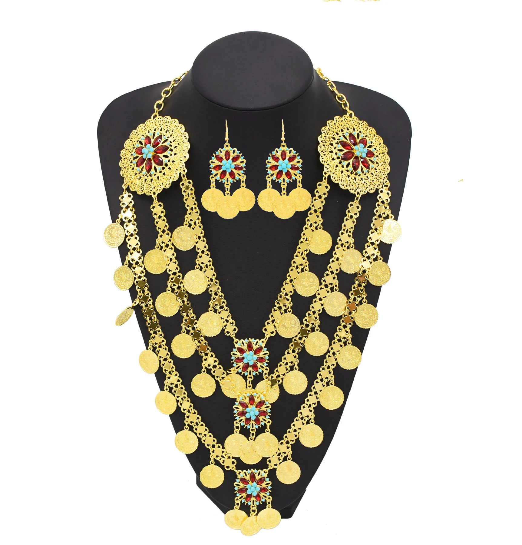 

3Pcs/Set Heart Shaped Coins Tassel Jewelry Set Earrings Necklace For Women Exquisite Rhinestone Flower Multi Layers Accessory
