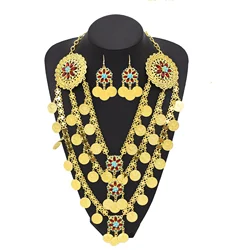 3Pcs/Set Heart Shaped Coins Tassel Jewelry Set Earrings Necklace For Women Exquisite Rhinestone Flower Multi Layers Accessory