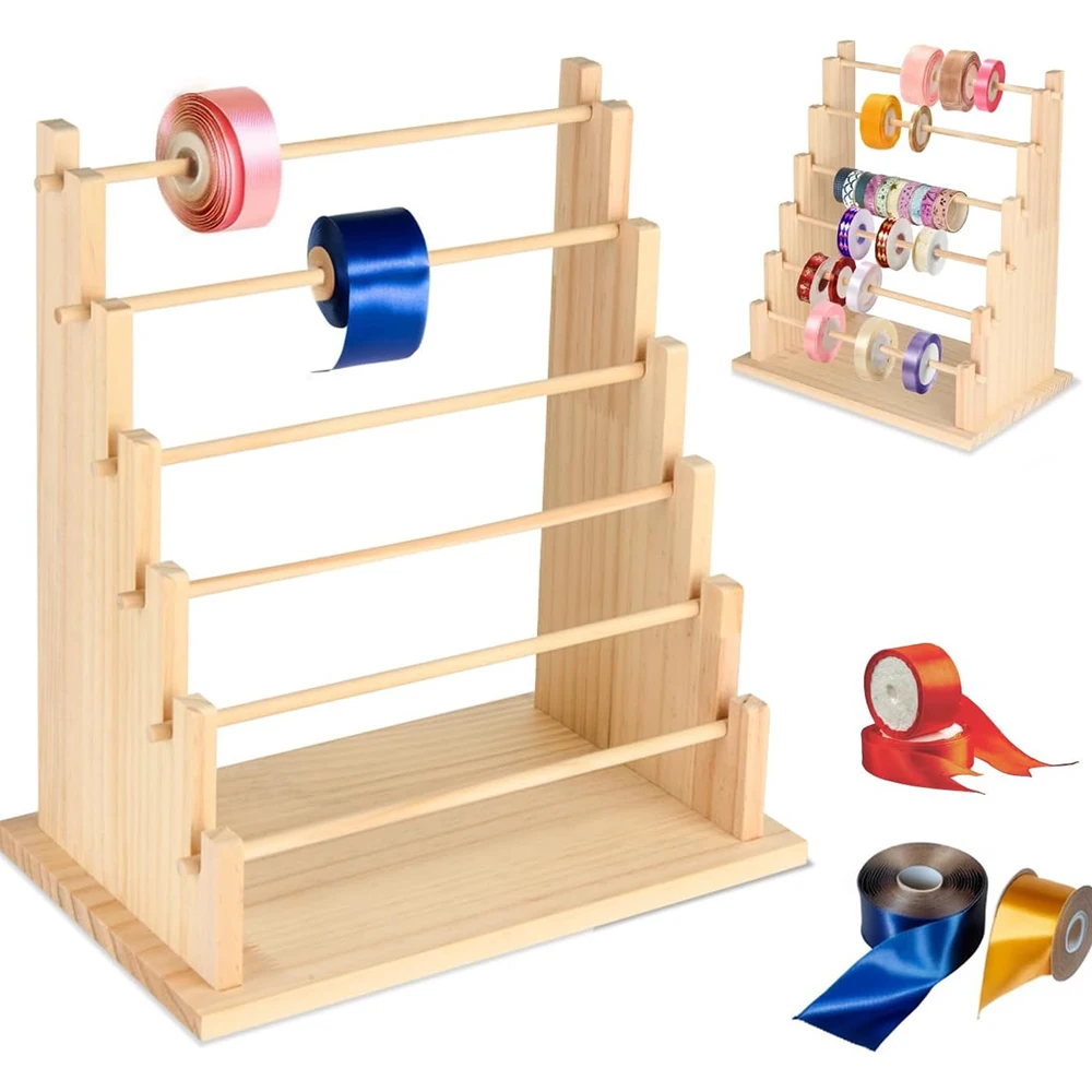 Wooden Ribbon Organizer Storage Display Stand Portable Tabletop Organizer Ribbon Spool Holder Rack for Home Cake Wrapping Gift