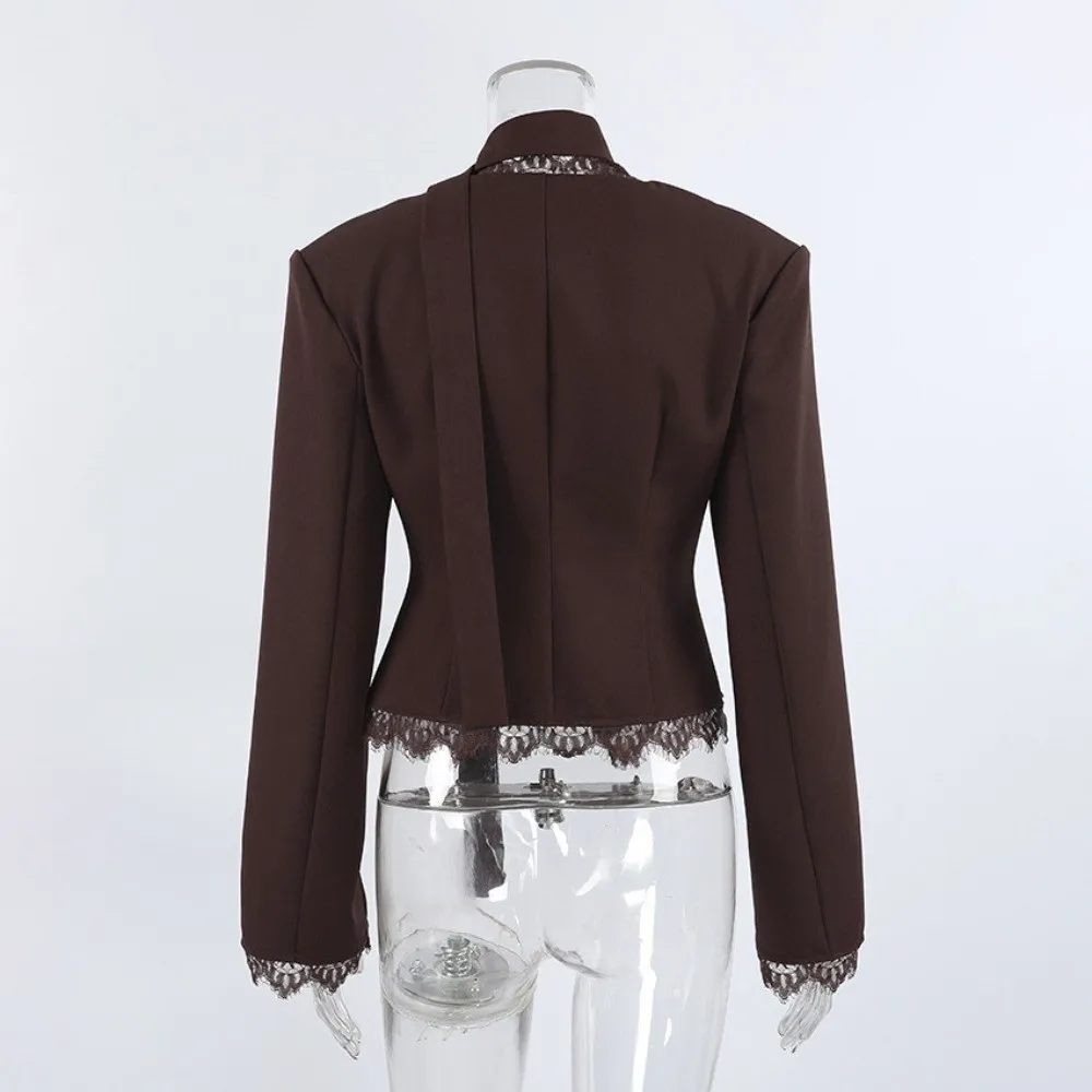 V Neck Women Lace Blazer White Tone Lace Weave Suit Outerwear Waist Taper Fall Season Ladies Suit Jacket Daily Outing