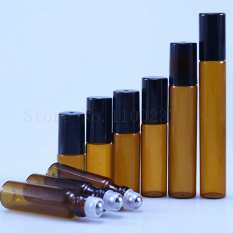 20pcs/Lot Amber Glass Roll on Bottle with Glass and Metal Ball Brown Thin Glass Roller Essential Oil Vials