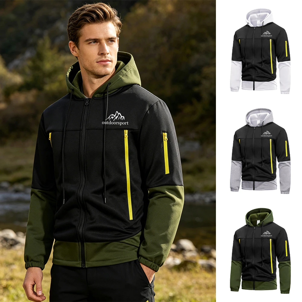Men's Mountain Print Color Block Zipper Hooded Jacket Casual Warm Thick Zipper Pocket Outerwear Autumn Outdoor Sportswear