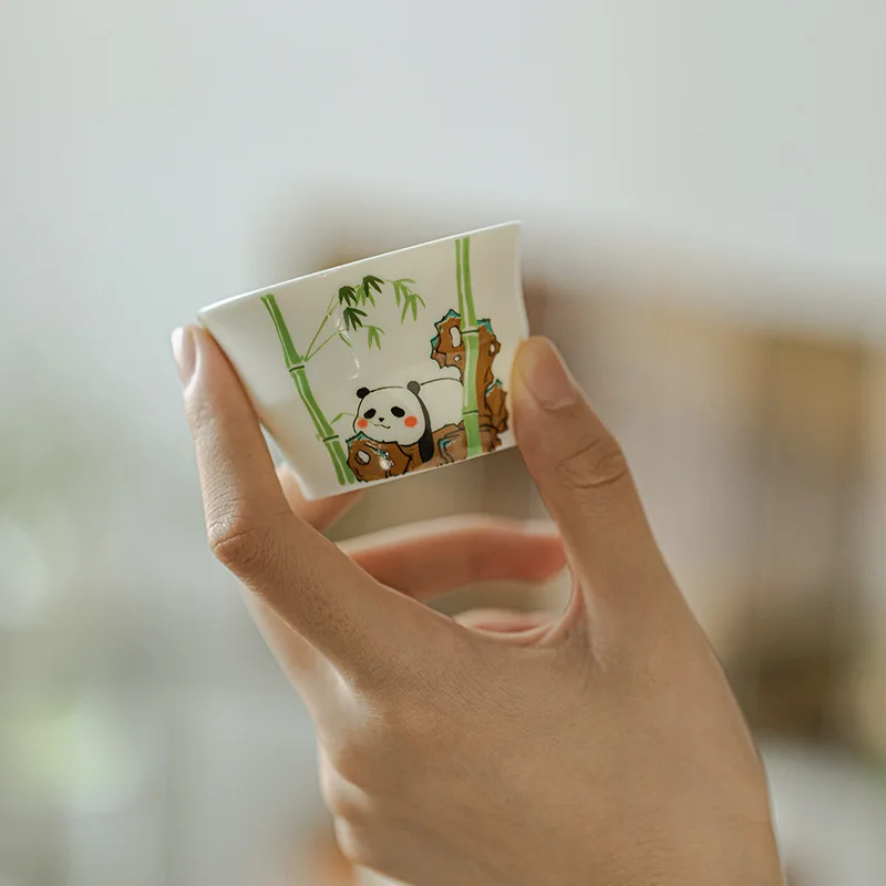 Cute Panda Playing Bamboo Fat‑jade White Porcelain Ceramic Master Tea Cup Literati Style Household Kung Fu Tea Tasting Teacup