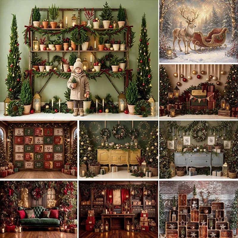 LS Vintage Xmas House Wall Winter Window Backdrop Red Curtain Snow Village Moon With Santa Map Rocket Xmas Decors Backgrounds