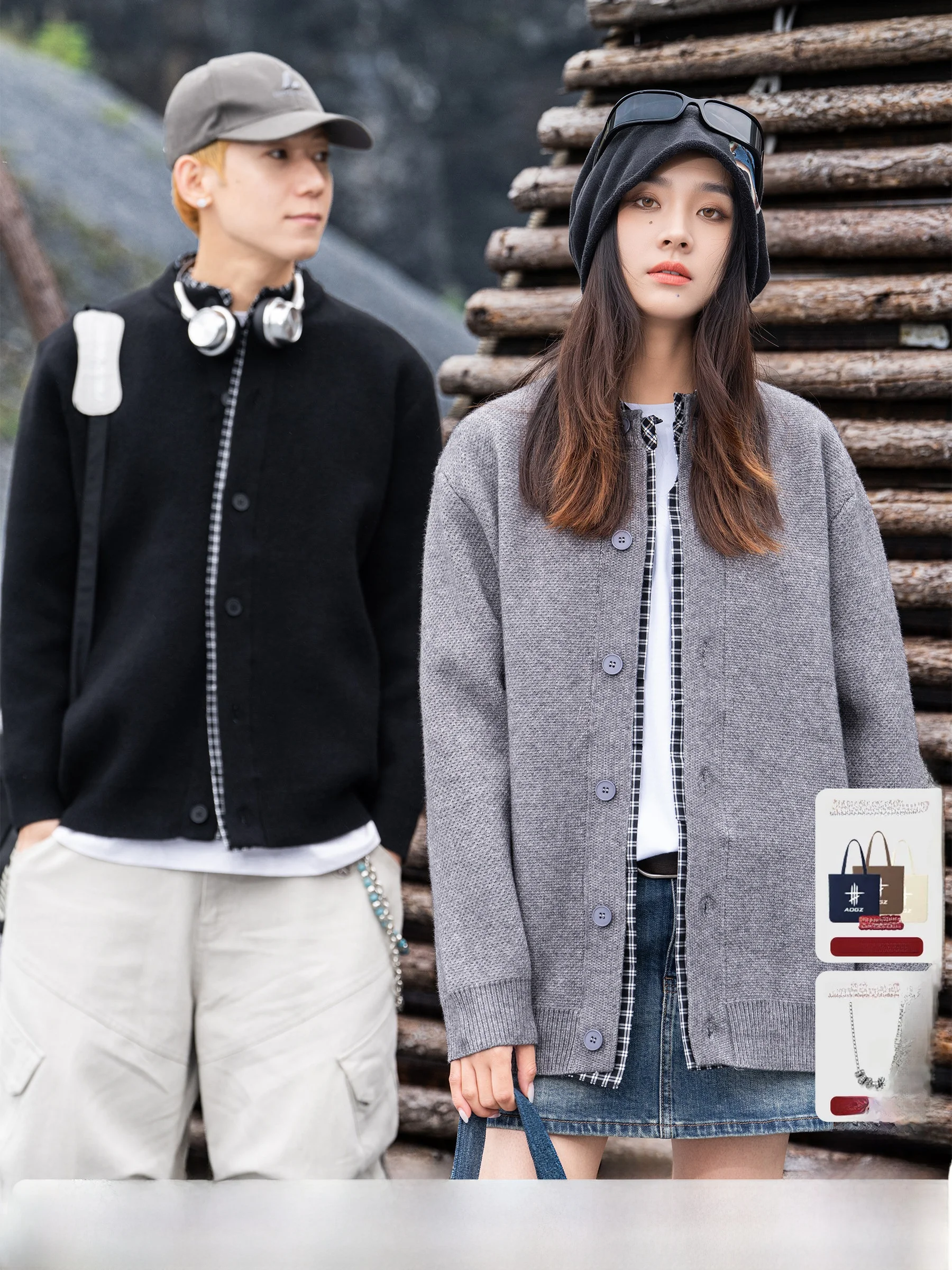 AOGZ Plaid Splicing Open Cardigan Sweater Unisex Versatile Design Winter Warm Long Sleeve V-Neck Knitted Outerwear Coat