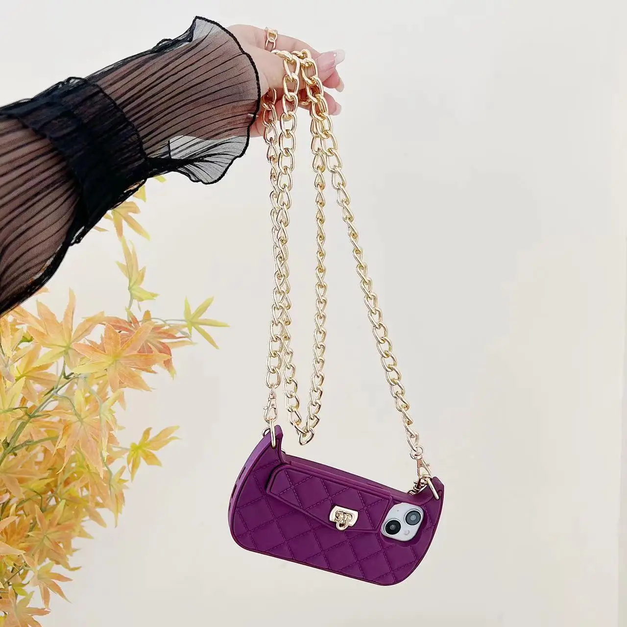 Rhombus Grids Moon Metal Chain Handbag For iPhone 14 Pro Max 13 Case Stylish Rhomboid Wallet Bag Card Silicone Cover With Strap