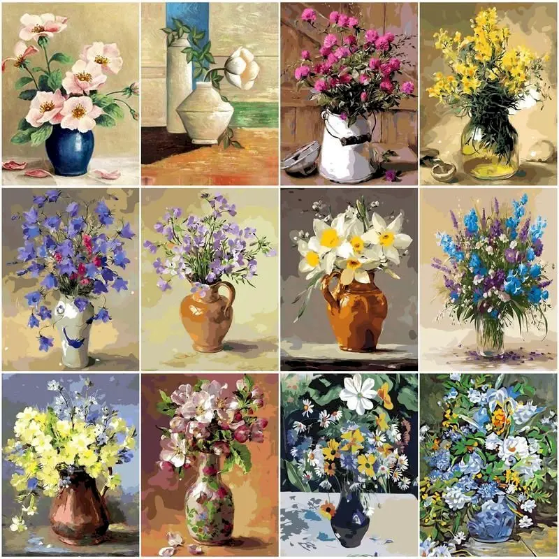 

CHENISTORY Painting By Numbers Flower In Vase DIY Drawing Canvas Handpainted Pictures By Number Arts Crafts Home Decoration