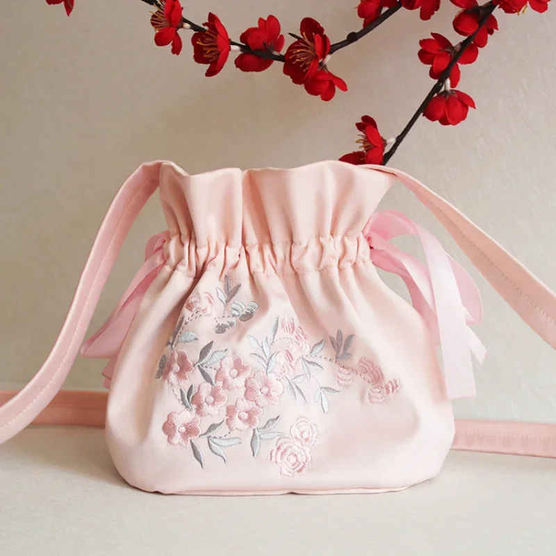 Satin Embroidered Hanfu Bag Vintage Drawstring Bags Ancient Messenger Female Shoulder Bag Artsy Women Shoulder Bag