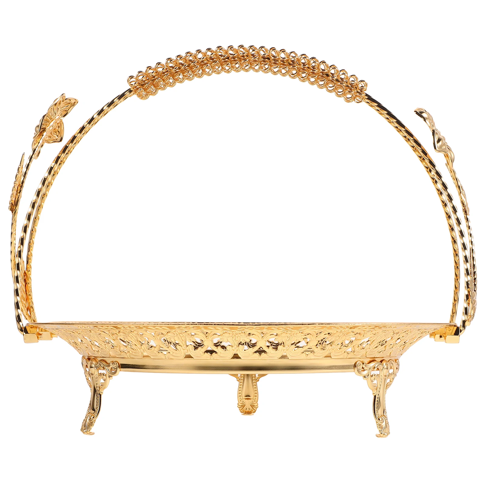 

Golden Metal Fruit Basket Single Layer Snack Storage Dish for Hotel Ktv Living Room Decorative Fruit Bowl Candy Tray with Handle