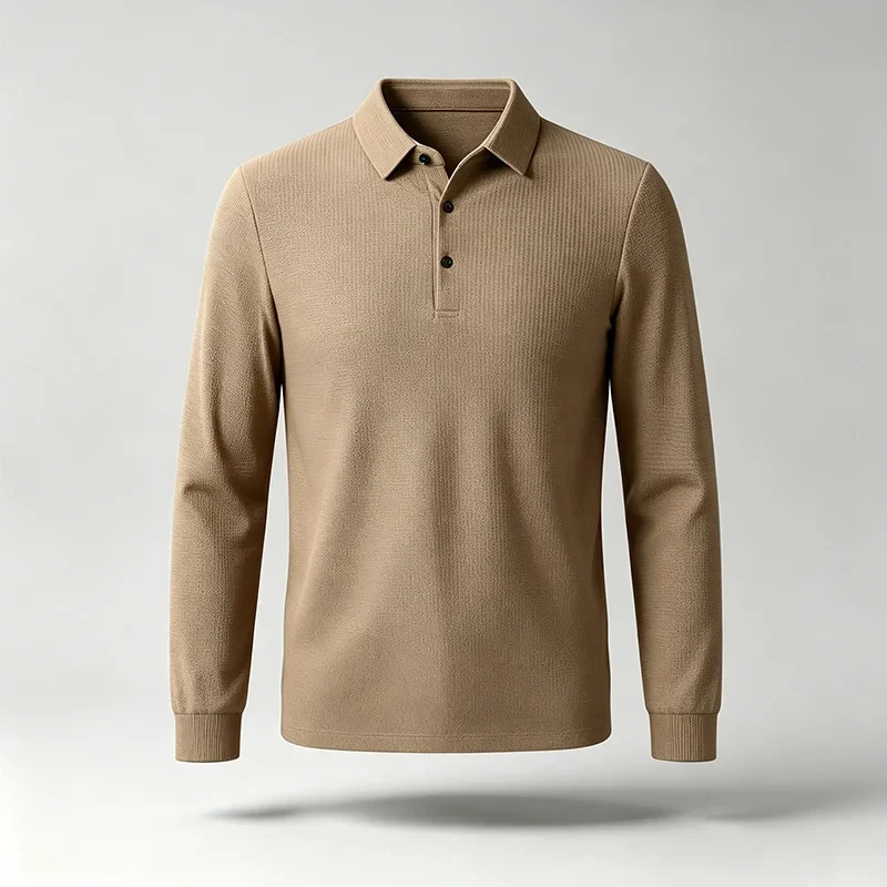 Mens Lapel Collar Long Sleeve Polo Top Textured Fabric Button Placket Shirt For Office And Daily Casual Outfits