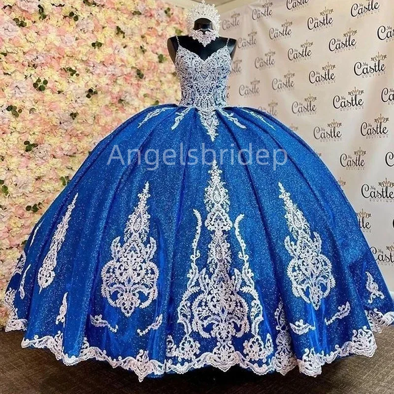 

Angelsbridep Vestidos De Graduación Blue Long Train Princess Ball Gown Quinceanera Dress Party Dresses With White Appliques