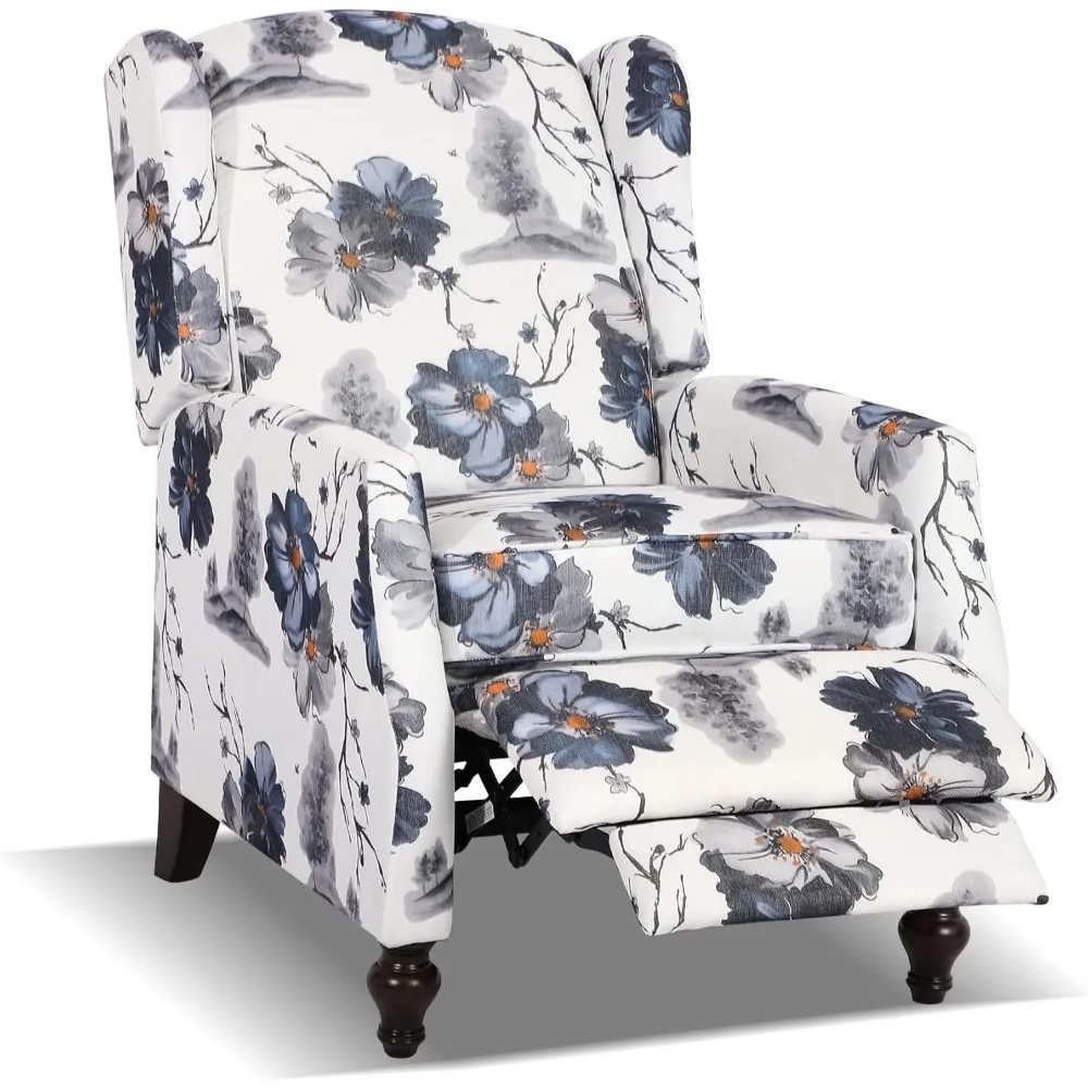 Mid-Century Modern Floral Wingback Recliner, Upholstered Push-Back Manual Recliner Chair for Adults, Solid Wood Accent Furniture
