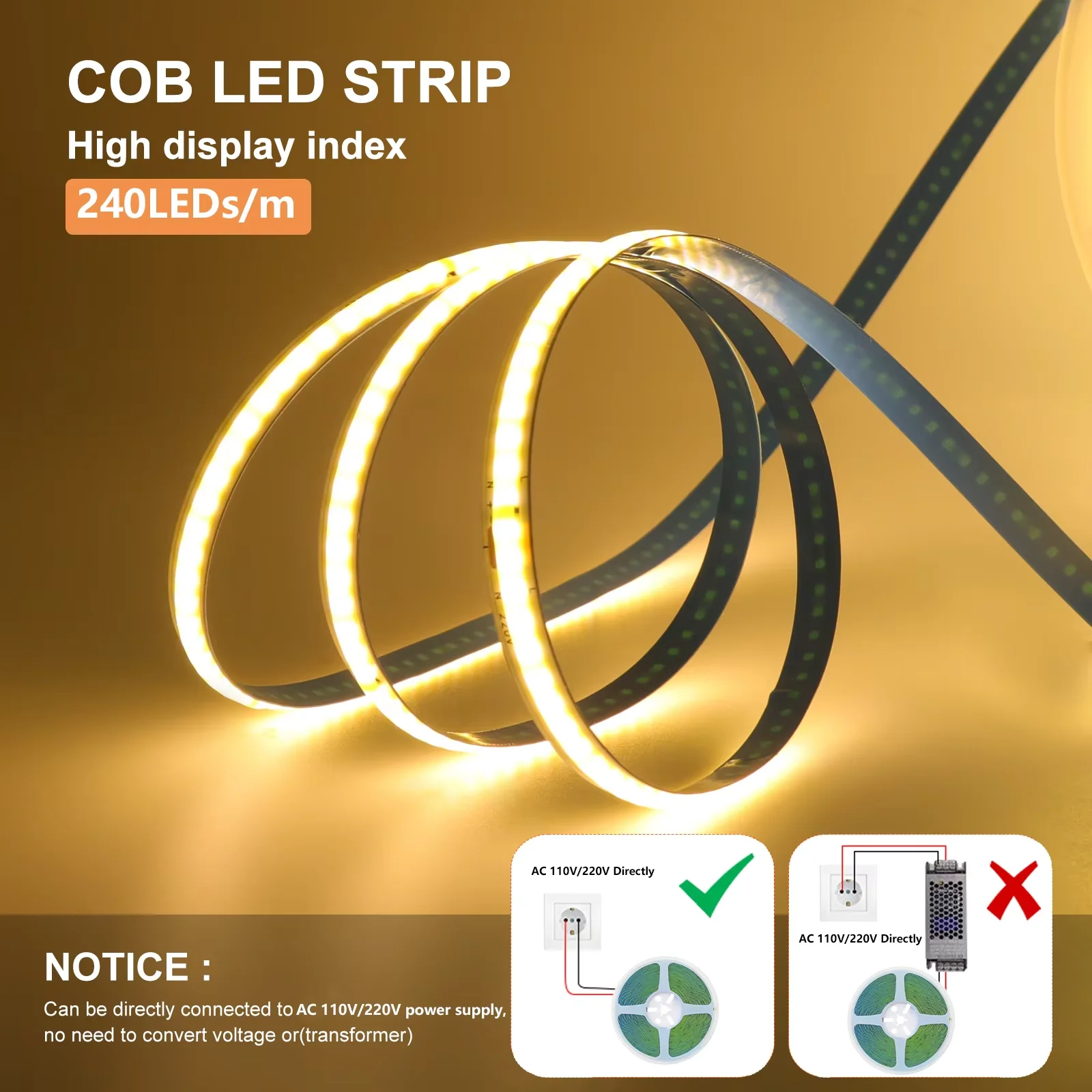 5m 10m 15m 20m COB LED Strip 110V 220V 240LEDs/m No Need Driver Not Waterproof 8mm PCB Width Flexible Tape Warm Natural White