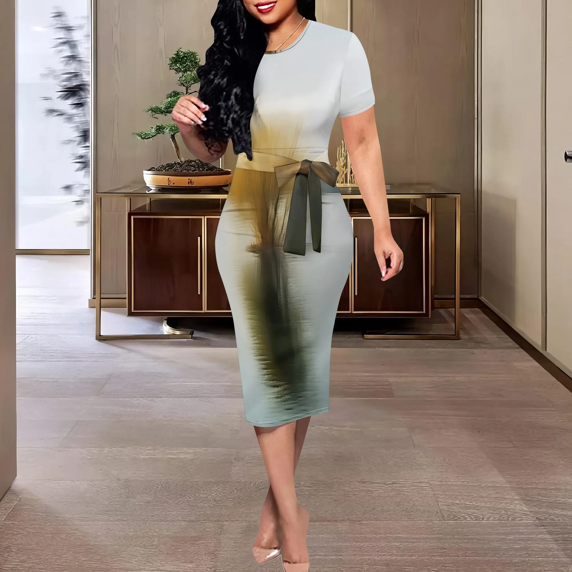 

Minimalist Ink Print Midi Dress XS-3XL Short Sleeve Belted Bodycon Style for Art Show, Work Brunch or Elegant Streetwear Look
