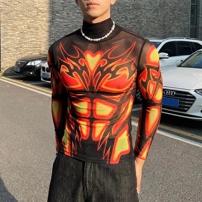 Herren-T-Shirt mit Stehkragen, Netzstoff, transparenten langen Ärmeln, Muskel-Print, durchsichtiges sexy Oberteil, Club-Party-Performance-Kostüm, schicke Kleidung – Detail 2