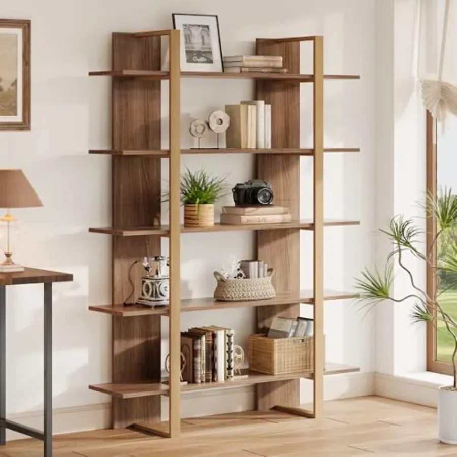 5-Tier Bookshelf for Bedroom Living Room Home Office, Metal Frame with Retro Oak Finish and Beige Accents, Modern Boho Open Des