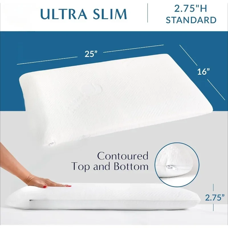 Ultra Slim Gel Memory Foam Pillow for Stomach and Back Sleepers - Thin, Flat Design