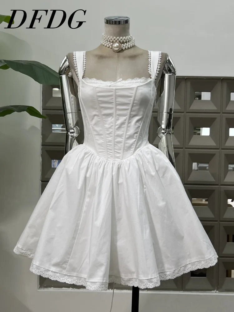 

DFDG 2025 Spring Summer Women’s French Garden Princess Corset Puffy Dress Elegant Lace-Up Waist White Party Gown Formal Dress