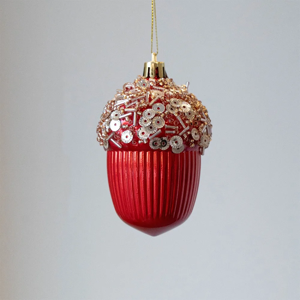 Red Christmas Tree Pendants Plastic Shatterproof Glitter Little Bear Ornaments DIY Crafts Acorn Christmas Hanging Balls