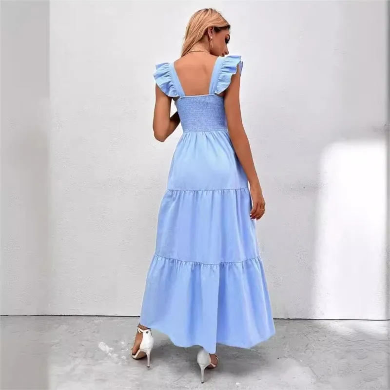 Summer Spaghetti Cupcake Dress Women Fashion Flying Sleeve Pure Color Croset Long Dress Casual Flods High Waist Maxi Vestidos