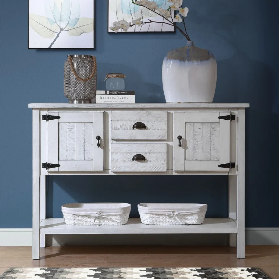 

48'' Solid Wood Sideboard Console Table with 2 Drawers and Cabinets and Bm Shelf Retro Style Storage Dining Buffet Server Cabin