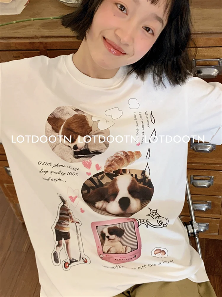 LOTDOOTN Y2K Animal T-Shirt Fashion Females Summer Lovely Puppy Printed T-shirt Women High Street Tops Loose Casual Cotton Tees