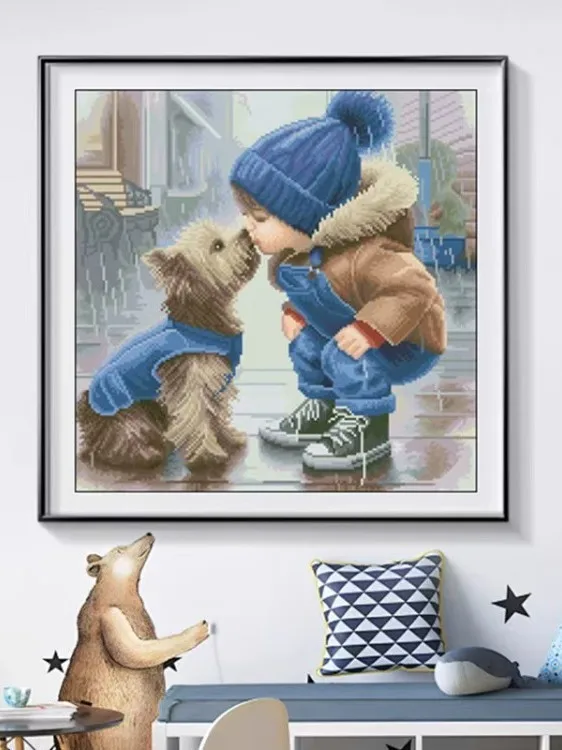 

Cute Cartoon Boy Cross Stitch Beaded round Beads Stitching Modern Simple Style Cotton Fabric Animal Pattern White Color