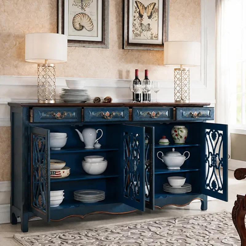 Vintage Blue Solid Wood Side Cabinet with Drawer French Style Wine Storage Cupboard Hollow Entrance Shoe Cabinet for Living