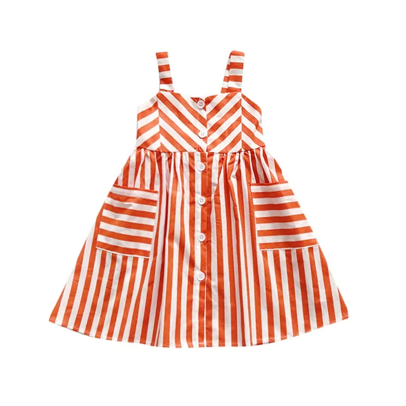 Children Summer Girls Sweet Cotton Cute Cartoon Stripes Print Sleeveless Sling Sweet Princess Dress