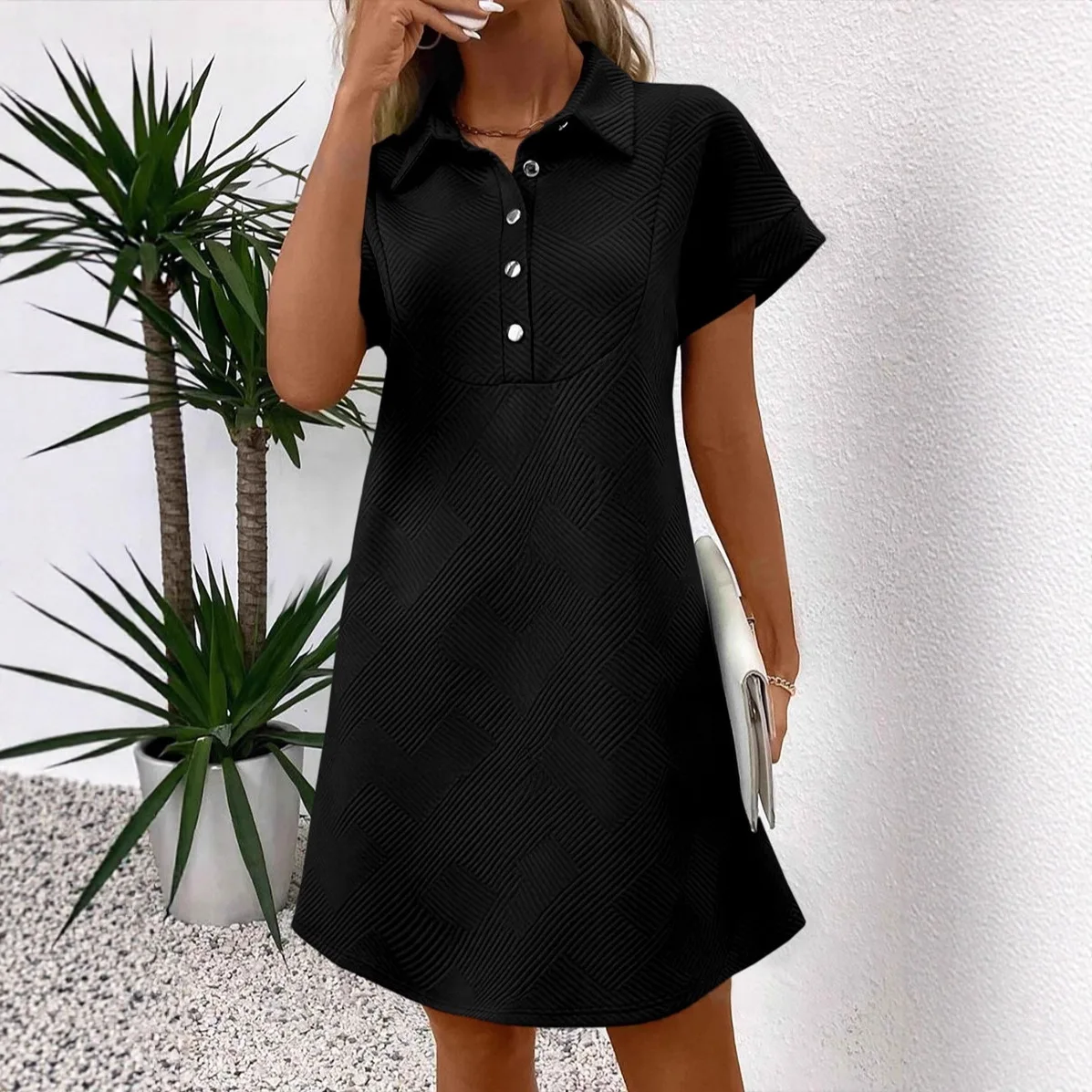 تنورة قصيرة كاجوال فضفاضة مع جيب بياقة مقلوبة وأكمام قصيرة فستان محبوك من ألياف البوليستر على شكل حرف A صورة ظلية مريحة.. #3