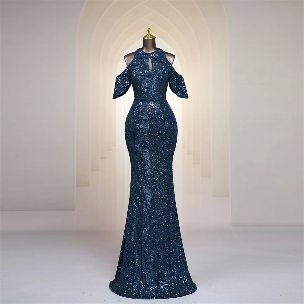 

Sexy Keyhole Neck Off Shoulder Mermaid Evening Dresses Navy Blue Sequins Long Floor Length Aso Ebi Women Prom Dress Formal Party