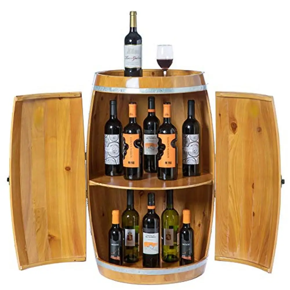 Wooden Barrel Wine Holder Lockable Cabinet Bar Storage Industrial Style 21