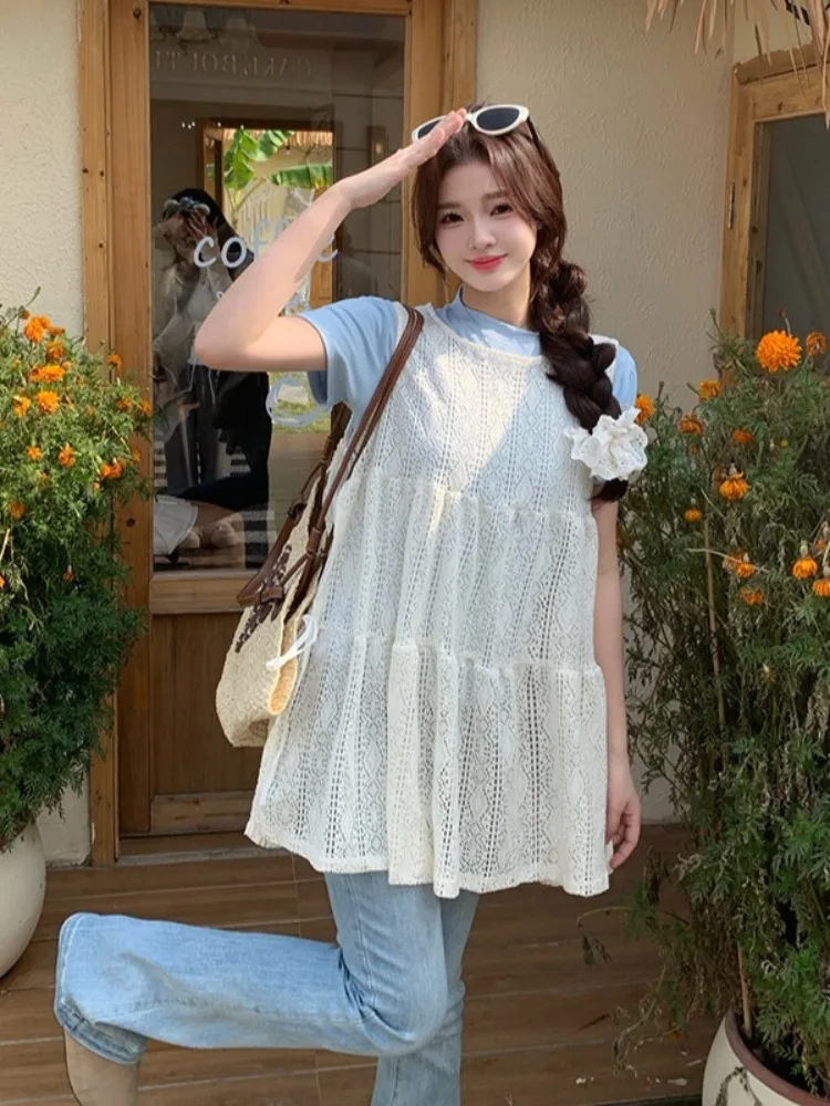 

plus Size Women's Summer New Sle Korean Version Lace Svel Vest Color ort Sve Top Layered Two-Piece Set