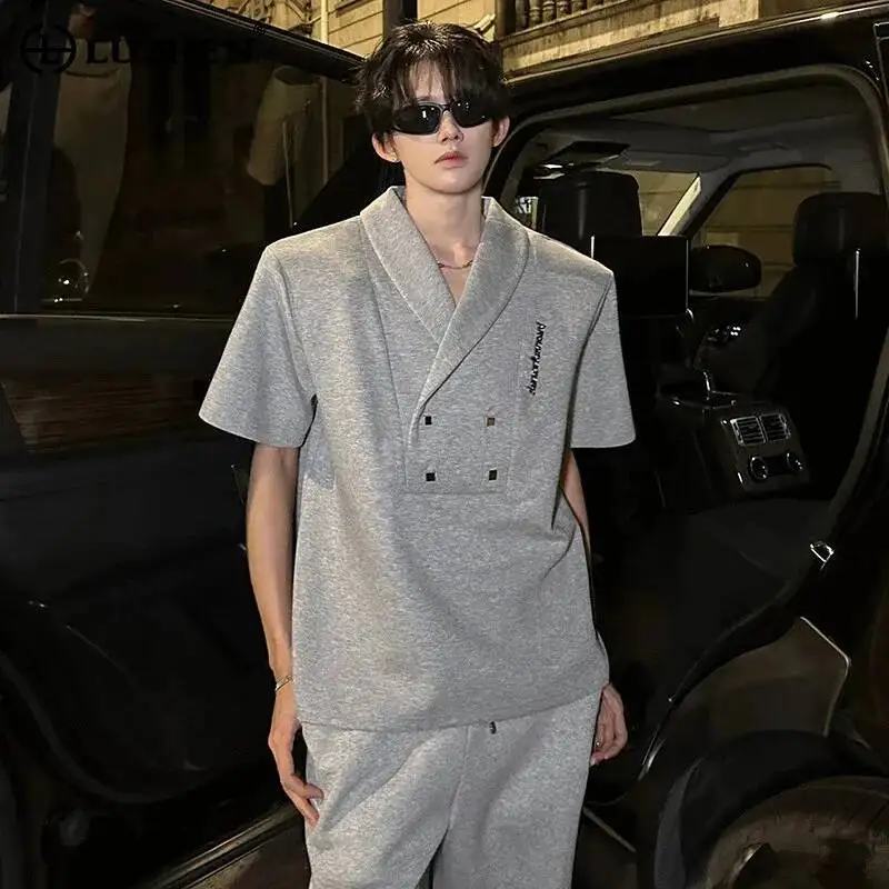 LUZHEN 2026 Summer Double Breasted Decorate V-neck Shoulder Pad Short Sleeve T-shirts Men's Fashion Korean Style Clothes JY7772