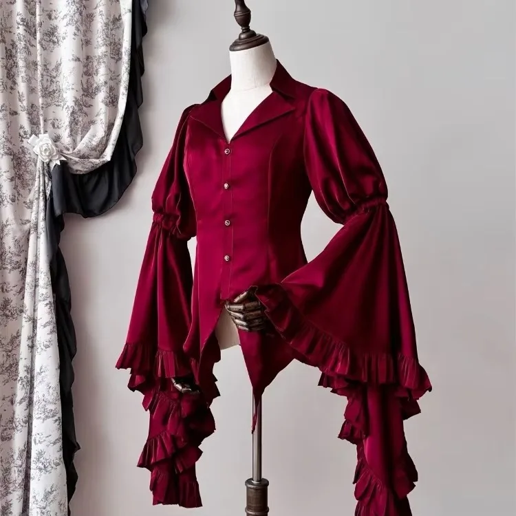 

Harajuku Vintage Lolita V-neck Blouses 2025 Autumn New Slim Fit Shirts Women Y2k Flare Sleeve Ruffles Black Blusas Mujer