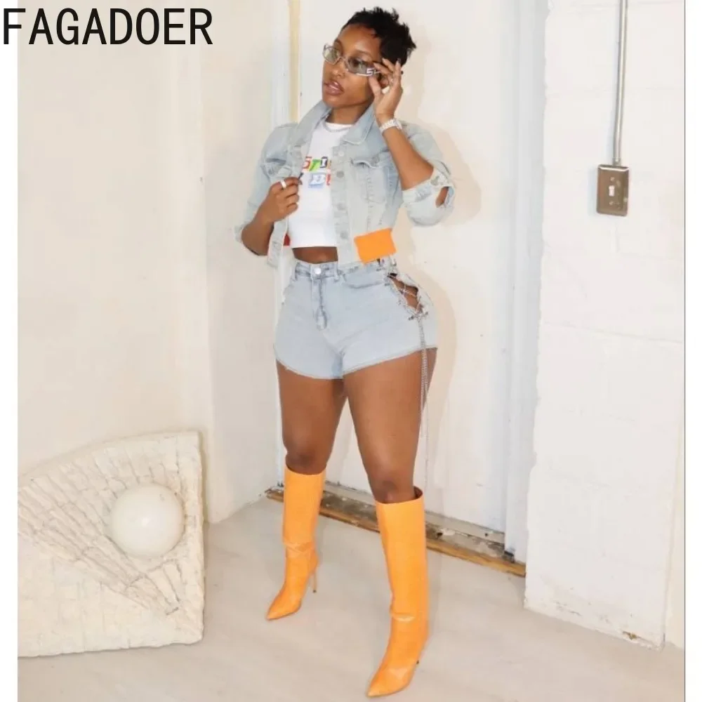 FAGADOER Fashion Y2K Denim Shorts Two Piece Sets Women Turndown Collar Long Sleeve Button Crop Top+Bandage Hollow Shorts Outfits