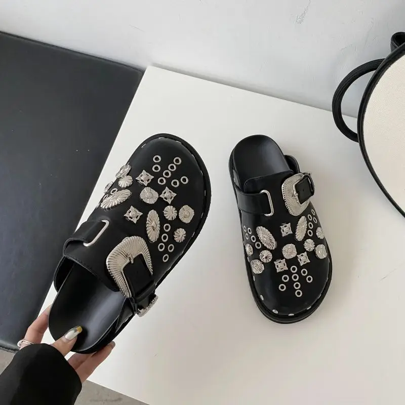 Summer Women Slippers Platform Rivets Punk Rock Leather Mules Creative Metal Fittings Casual Party Shoes Female Outdoor Slides