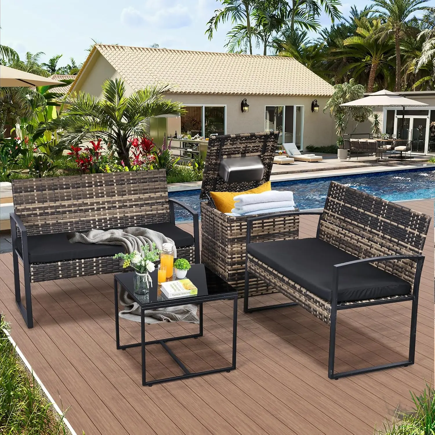 4-Piece Patio Sofa Set w/Built-in Cooler, All-Weather Woven Rattan, Tempered Glass Table, Indoor & Outdoor Use, Customized