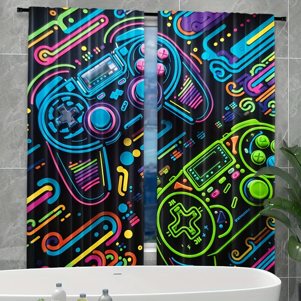 Neon Game Controller Curtains with Colorful Retro Design Gaming Theme Window Drapes for Kids Room Bedroom Gamer Decor