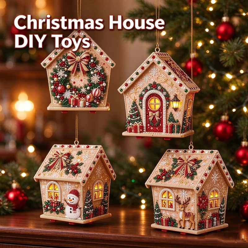 Christmas Tree Small 3D Wooden HouseDIY Craft Toy Elk Santa Claus Garland Diamond Pearl Art Handicraft Kit Pendant Party Gifts